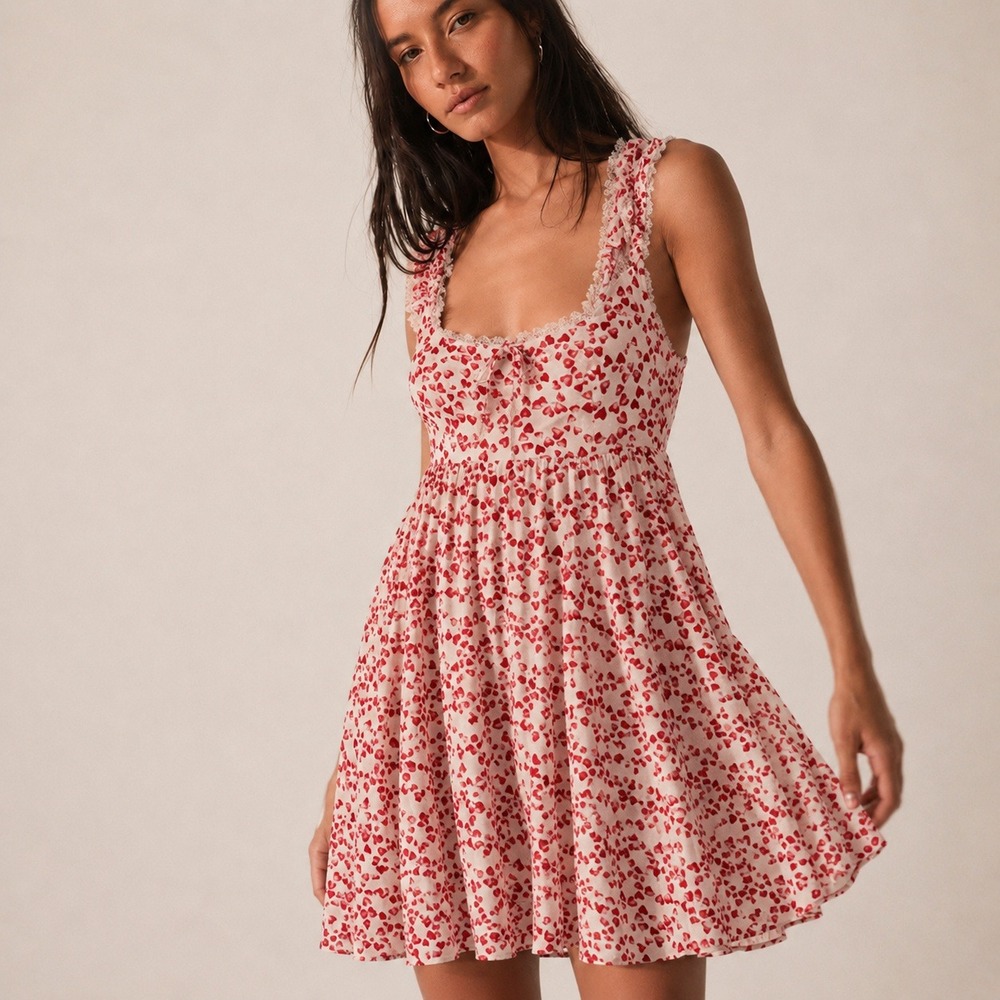 Heart Print Lace Trim Mini Dress XS Cream Red‎ Coquette Romantic FeminineY2K